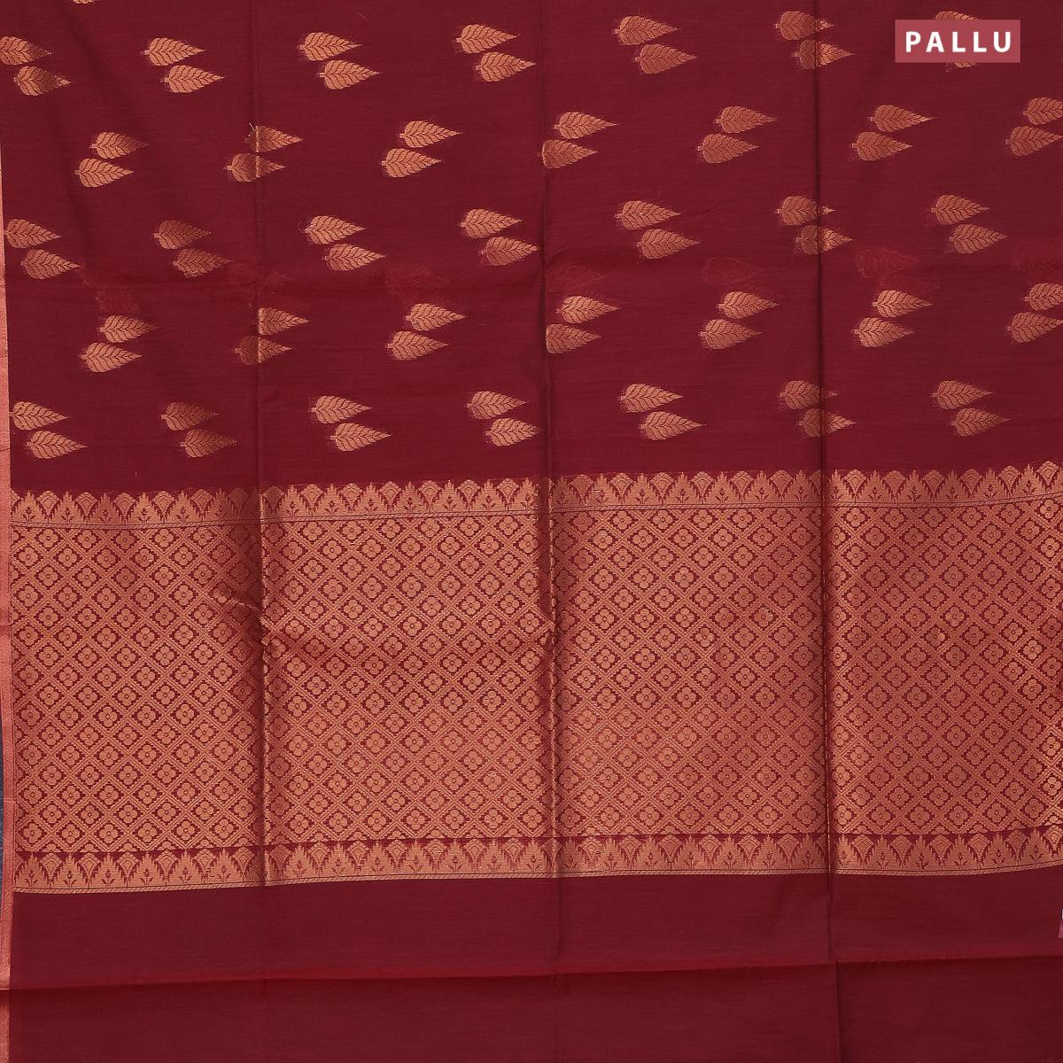 Banarasi semi cotton saree maroon with copper zari woven buttas and piping zari woven border