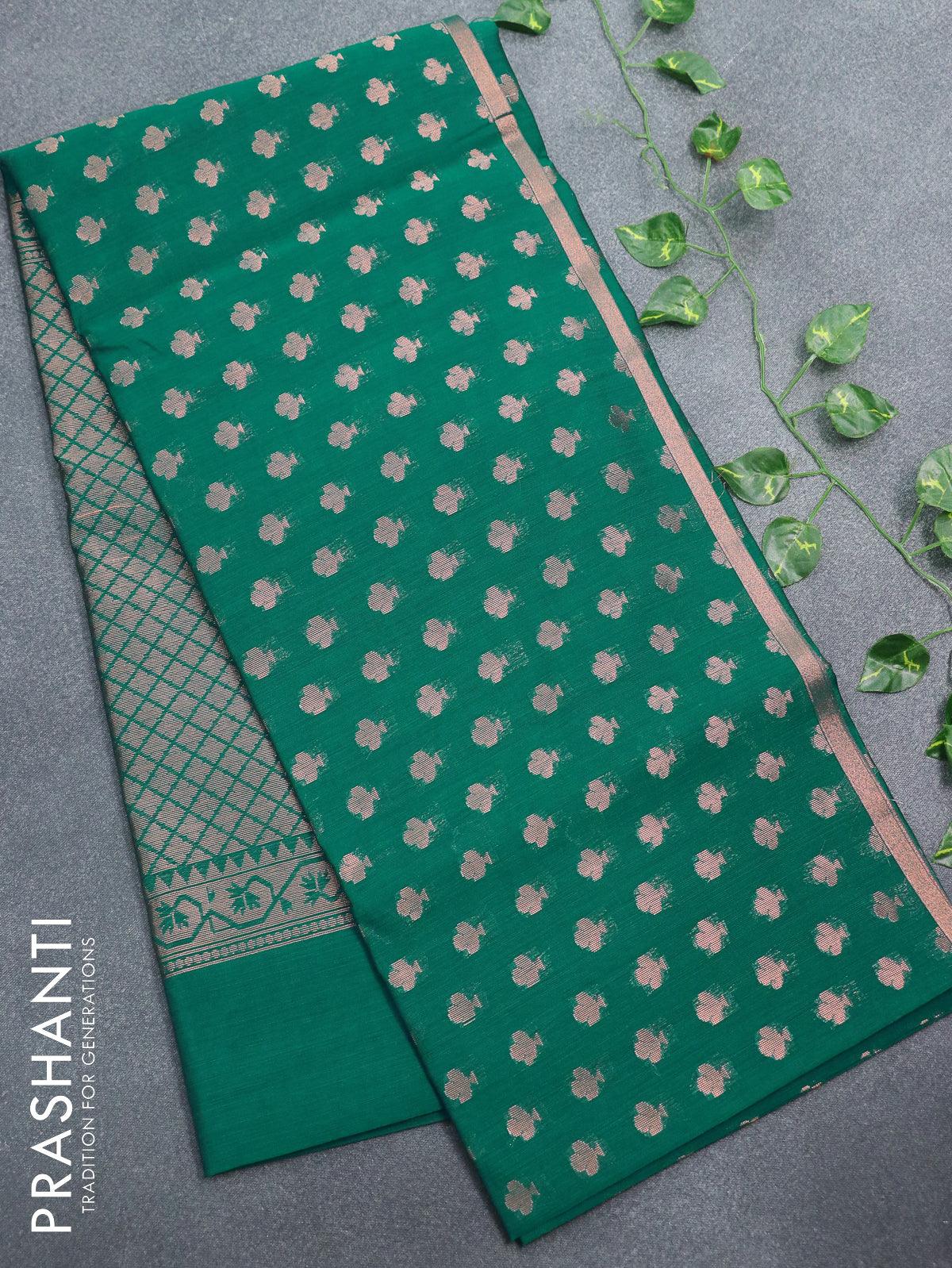 Banarasi semi cotton saree teal green with allover copper zari woven buttas and zari woven piping border