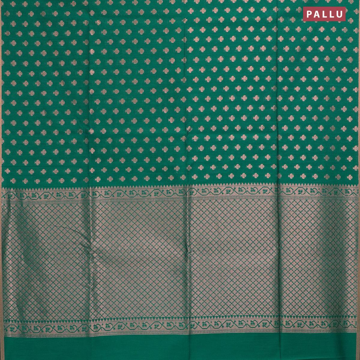 Banarasi semi cotton saree teal green with allover copper zari woven buttas and zari woven piping border