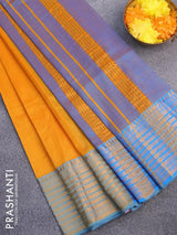 Mangalgiri silk cotton saree yellow and cs blue with hand block printed blouse and zari woven border