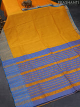 Mangalgiri silk cotton saree yellow and cs blue with hand block printed blouse and zari woven border