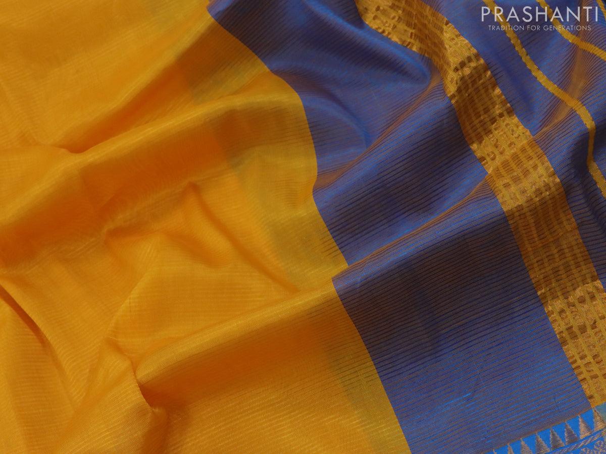 Mangalgiri silk cotton saree yellow and cs blue with hand block printed blouse and zari woven border