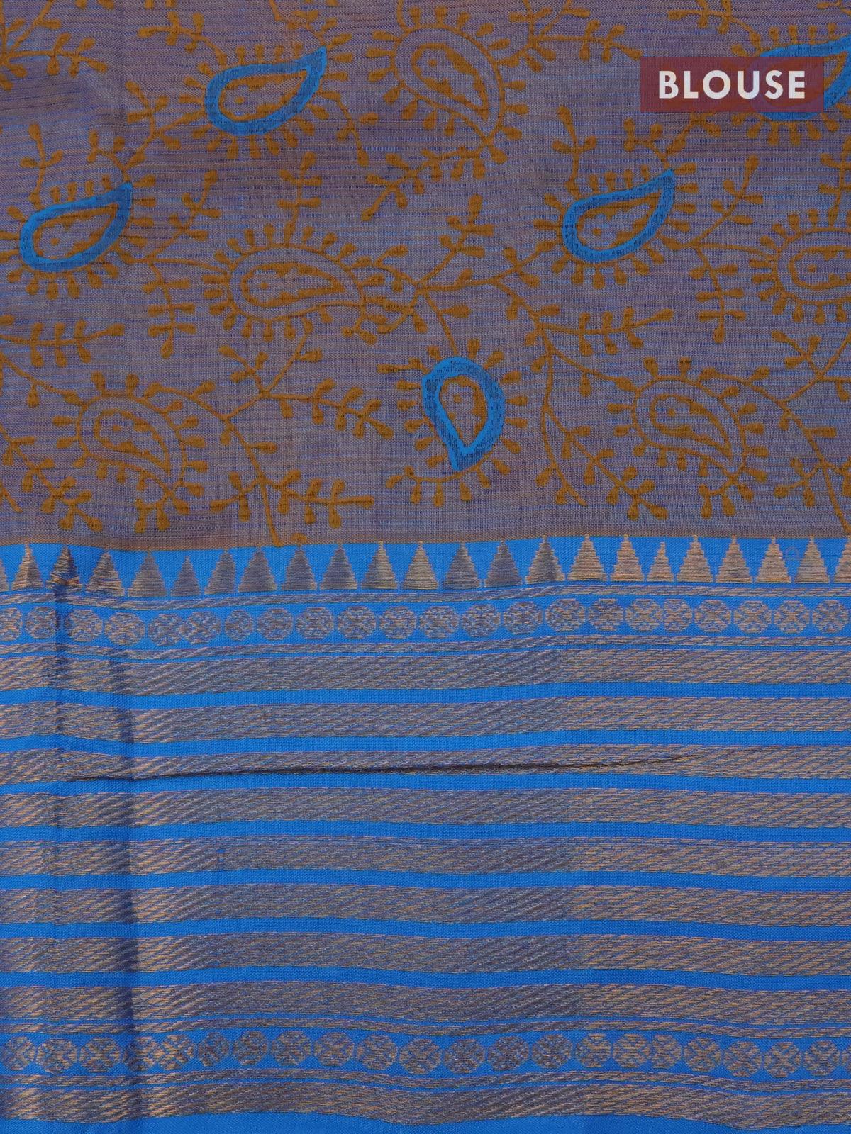 Mangalgiri silk cotton saree yellow and cs blue with hand block printed blouse and zari woven border