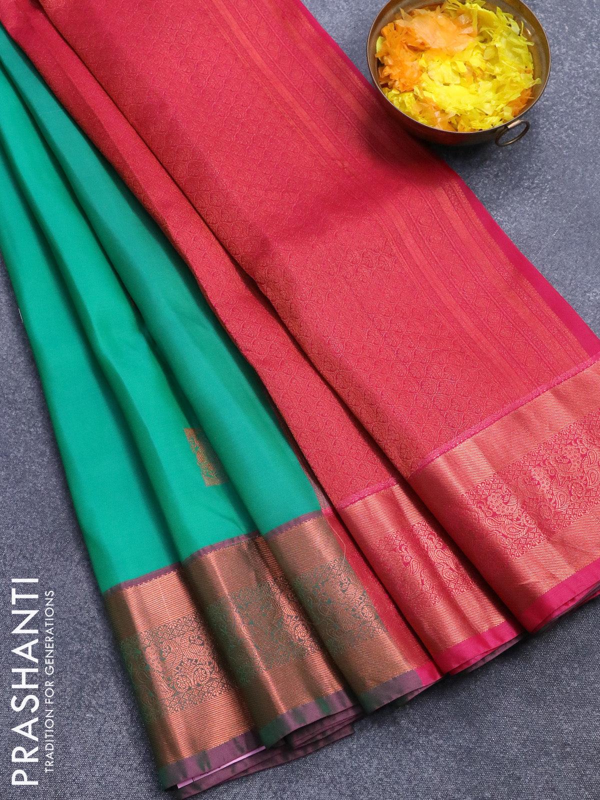 Roopam silk saree teal green and pink with copper zari woven annam buttas and copper zari woven border