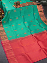 Roopam silk saree teal green and pink with copper zari woven annam buttas and copper zari woven border