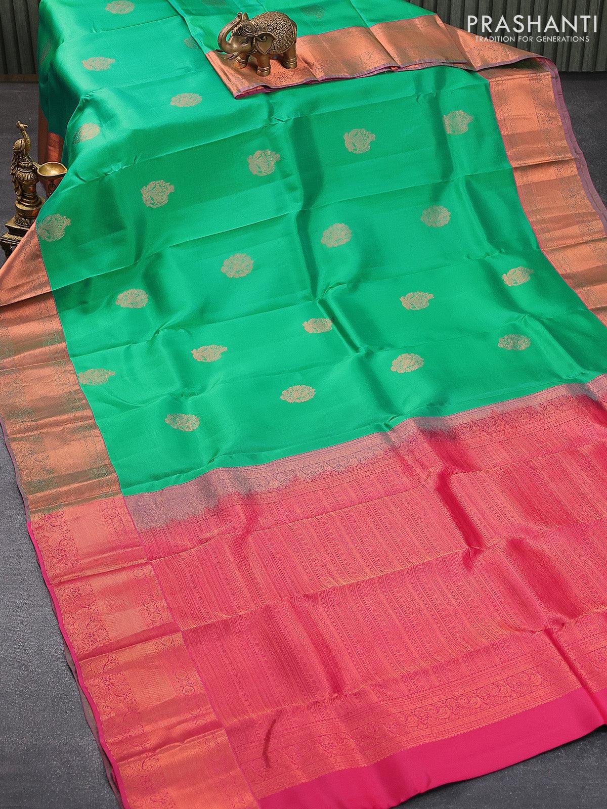 Roopam silk saree teal green and pink with zari woven buttas and copper zari woven border