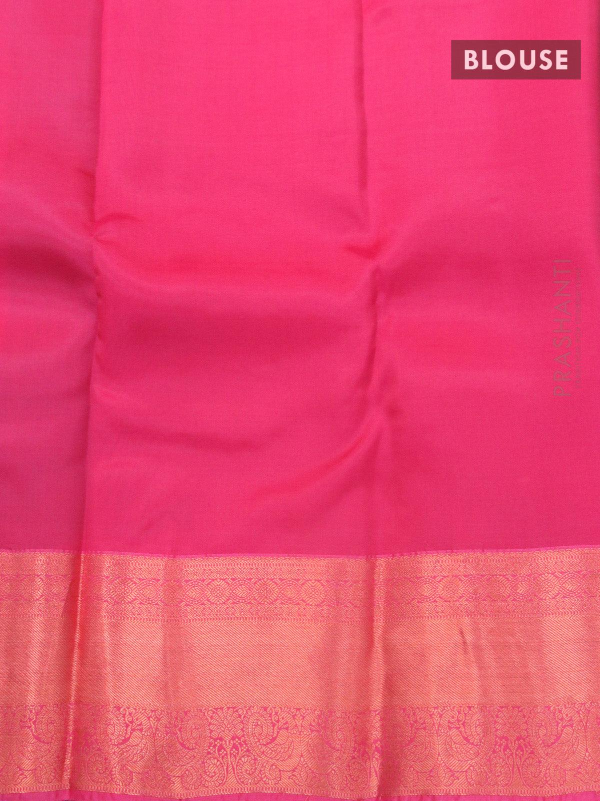 Roopam silk saree teal green and pink with zari woven buttas and copper zari woven border