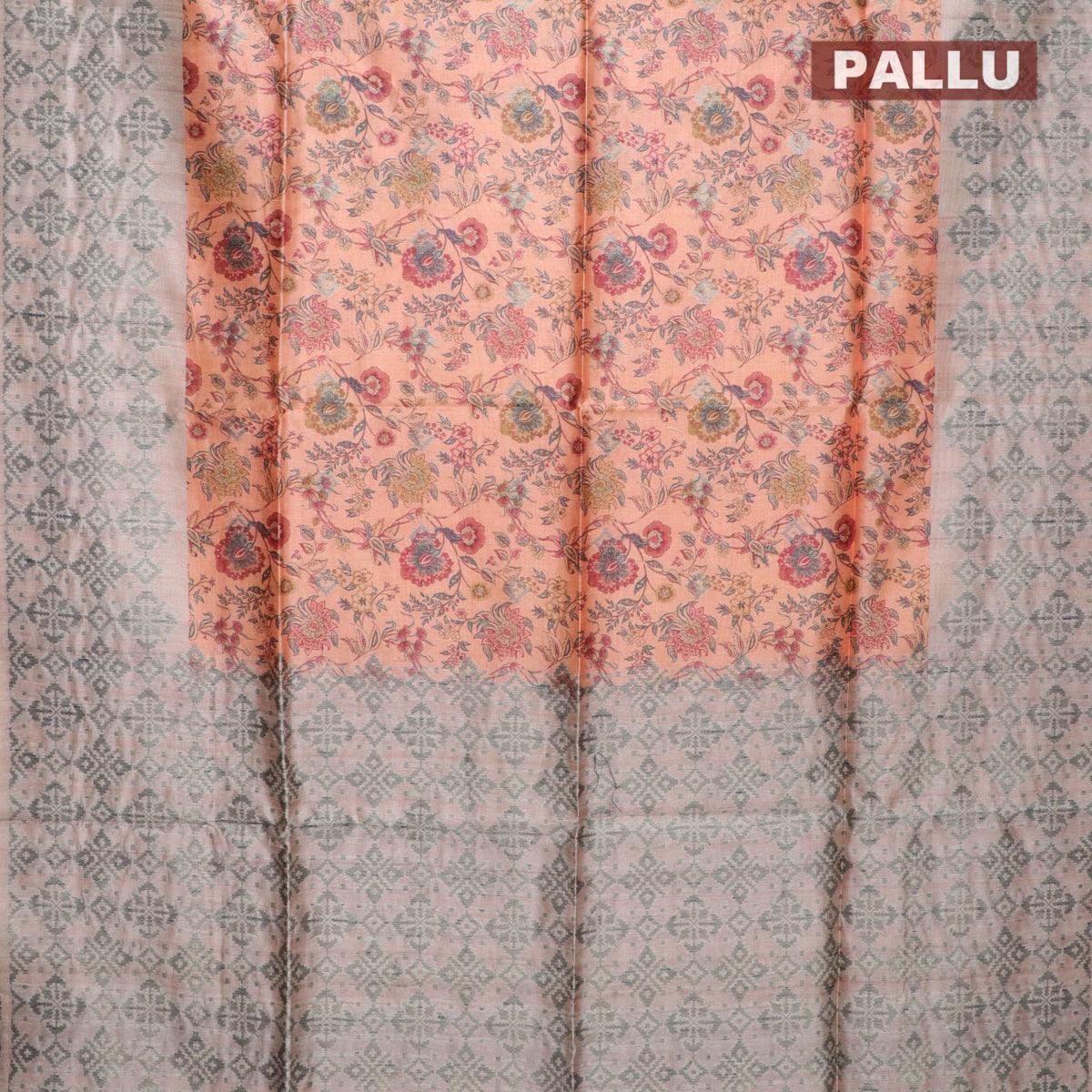 Semi jute silk saree orange and beige with allover floral prints woven buttas and woven border