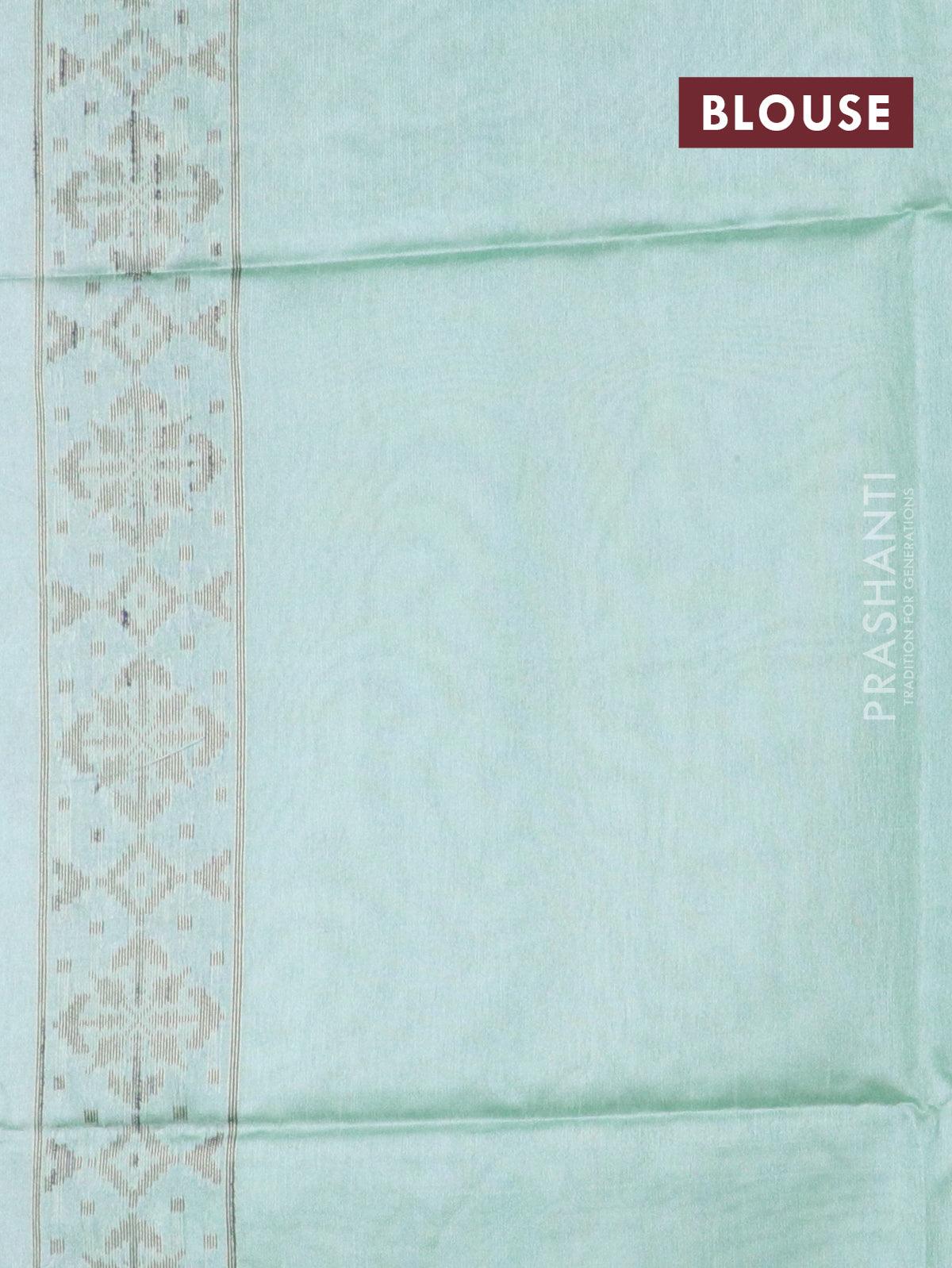 Semi jute silk saree teal blue and beige with allover floral prints woven buttas and woven border