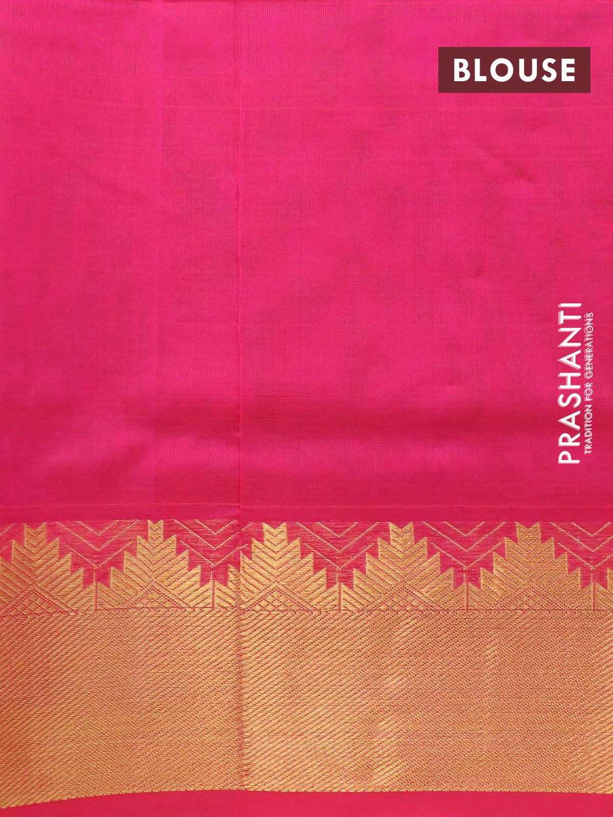 Silk cotton saree light green and pink with plain body and temple design zari woven border